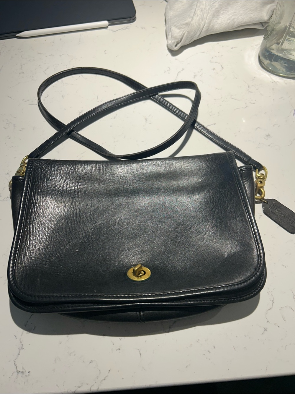 Vintage Coach Black Leather Crossbody with Gold Hardware